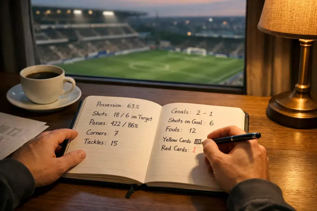 Analista revisando estadísticas de fútbol en un cuaderno con un partido de fondo